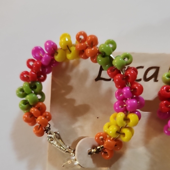 Erica Lyons Colorful Beaded Hoop Earrings Orange Lime Yellow Pierced Bright Drop - Picture 3 of 4